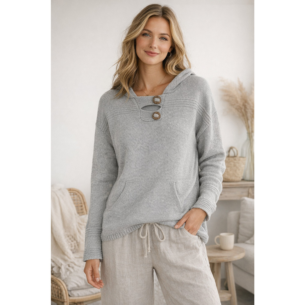 Soft Surroundings 100% Cotton Button Neck Hoodie Sweater M Cozy Gray